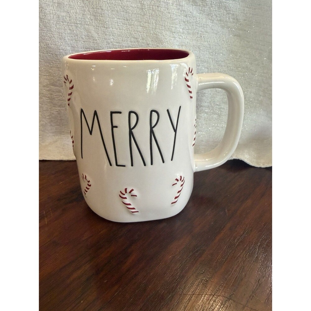 Rae Dunn Mug "Merry" Candy Canes Peppermints Christmas Winter